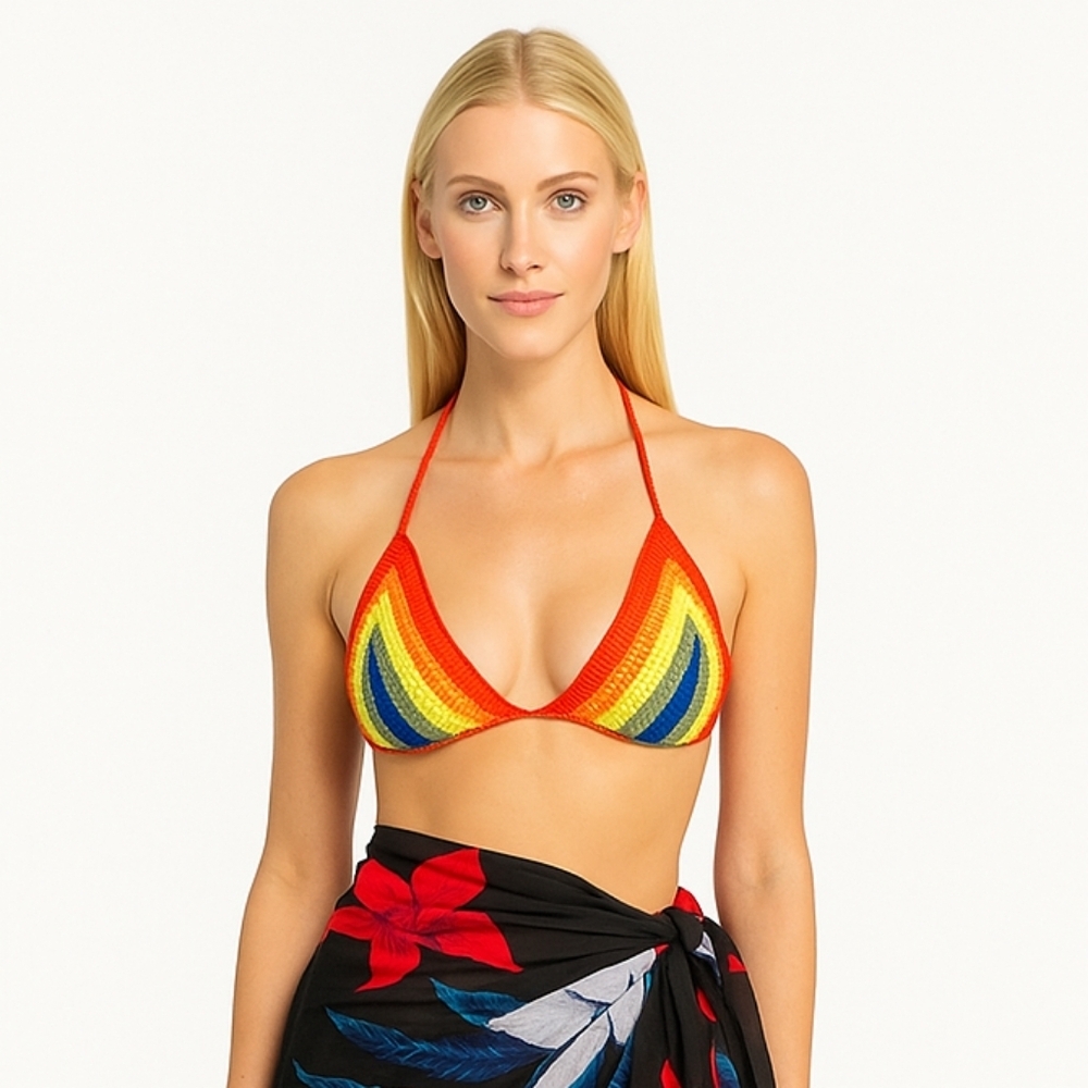 Handmade Crochet Crop-Top Rainbow Colors Deep V Swimming Cover-up top Colorful